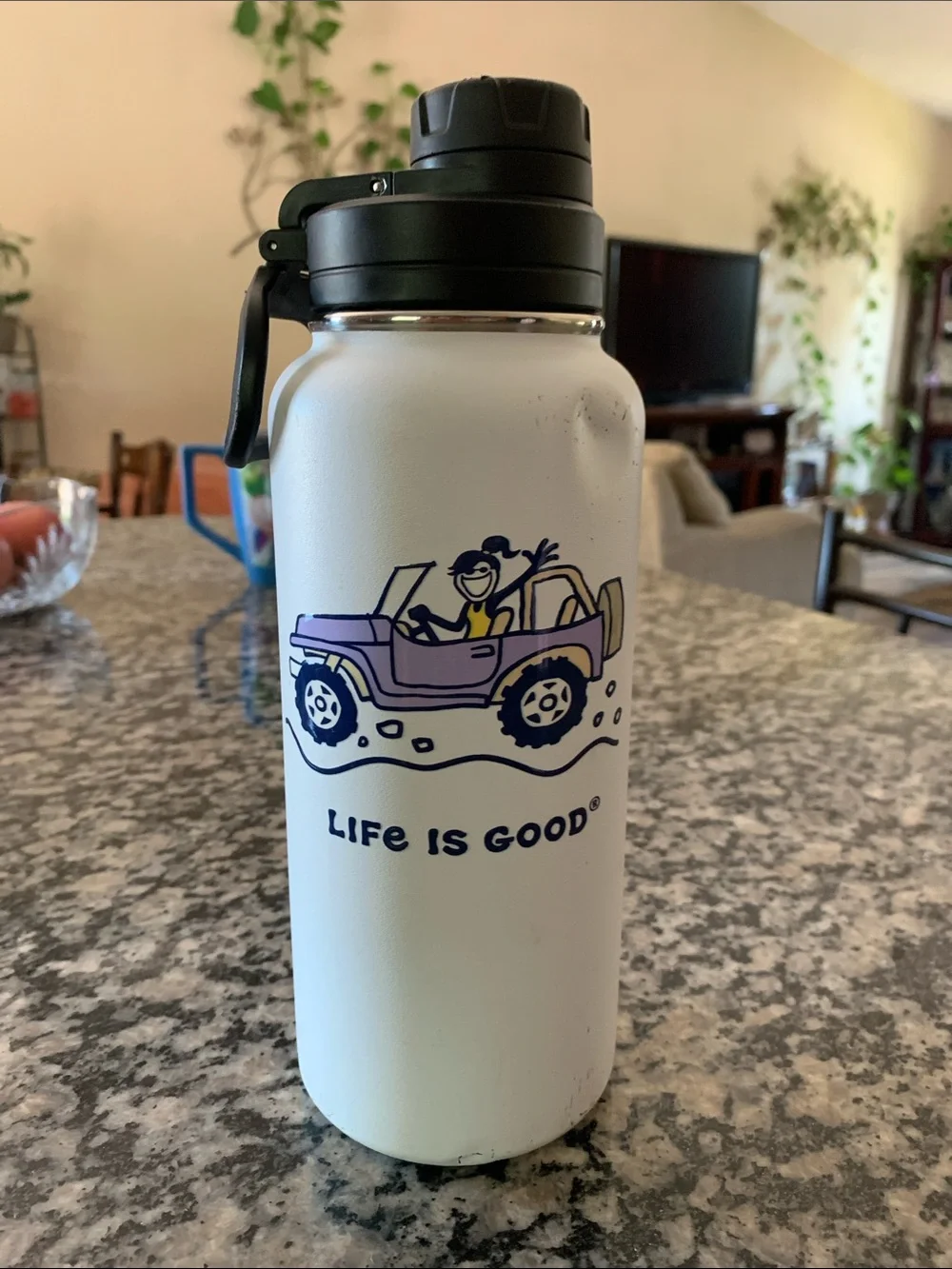 Life Is Good White Bottle with Purple Jeep Graphic and Black Lid
